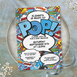Invitation Prêt pour Pop Baby shower Comic Book Modern Blue