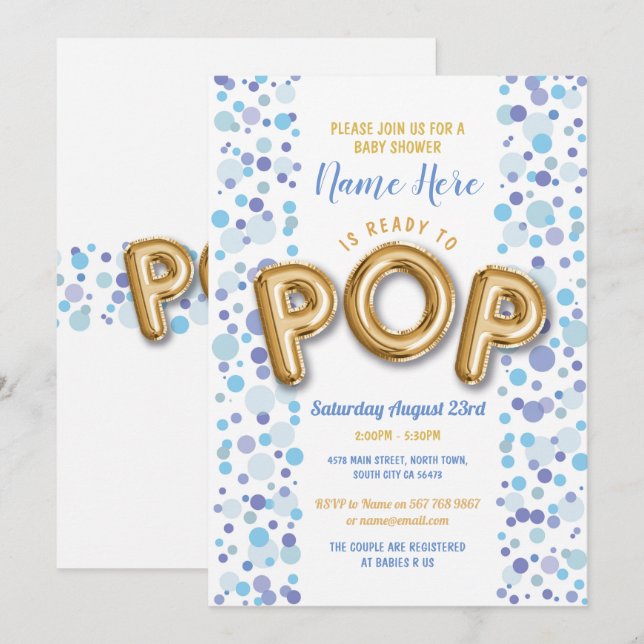 Invitation Prêt pour POP Boy Baby shower Gold & Blue Invitati (Devant / Derrière)