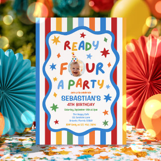 Invitation Prêt pour une fête garçon coloré 4ème anniversaire