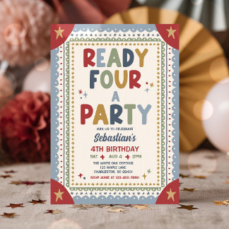 Invitation Prêt pour une fête garçon fantaisiste 4ème anniver
