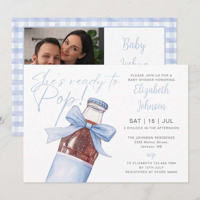 Invitation Prête à éclater Bouteille de soda bleue Baby Showe (Devant / Derrière)