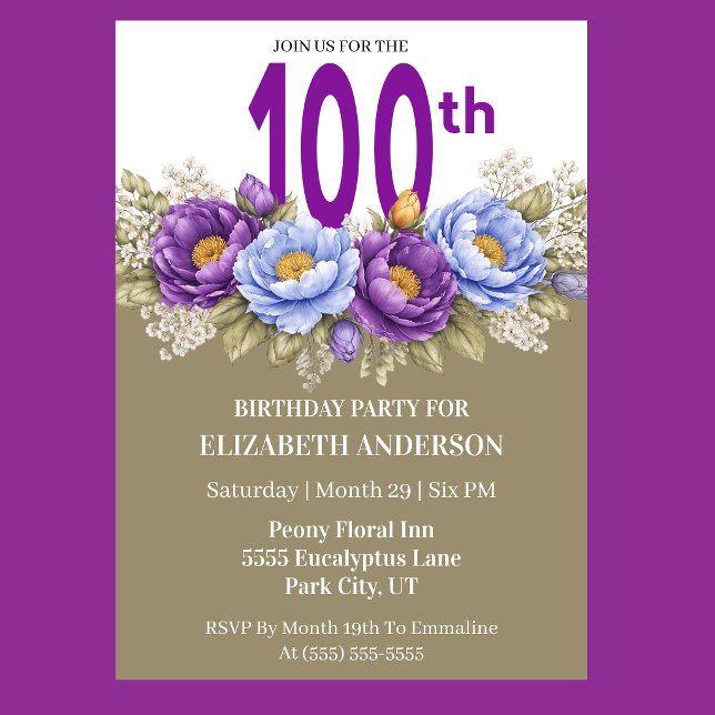 Invitation Pretty Blue and Purple Peony 100th Birthday (Elegant blue and purple peony floral 100th birthday invitation)