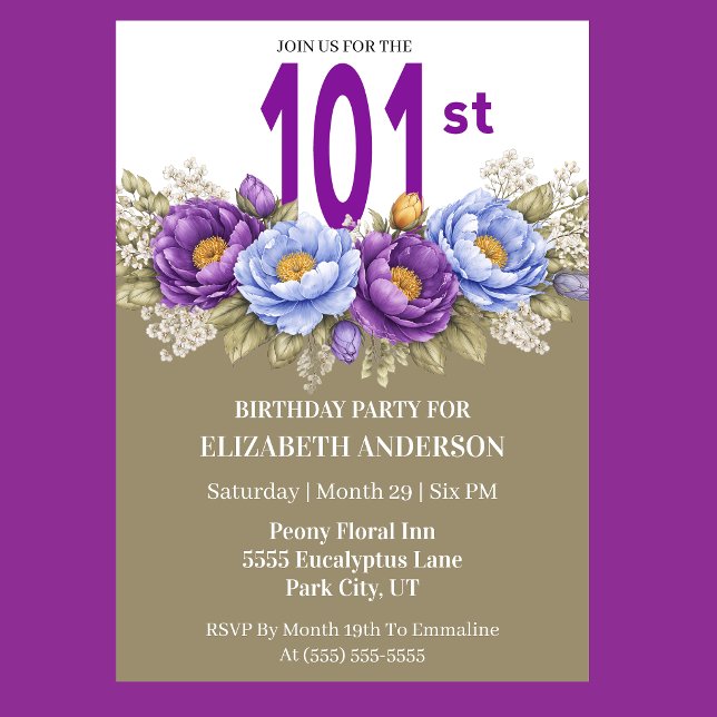 Invitation Pretty Blue and Purple Peony 101st Birthday (Elegant blue and purple peony floral 101st birthday invitation)