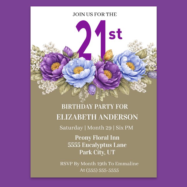 Invitation Pretty Blue and Purple Peony 21st Birthday (Elegant 21st birthday invitation with blue and purple peony flowers)