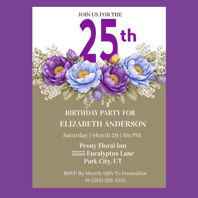 Invitation Pretty Blue and Purple Peony 25th Birthday (Elegant 25th birthday invitation with purple and blue peony)