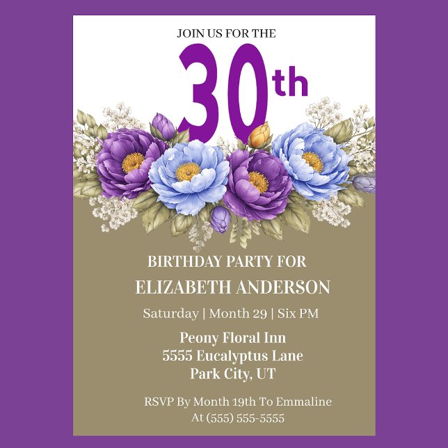 Invitation Pretty Blue and Purple Peony 30th Birthday (Elegant 30th birthday invitation with purple and blue watercolor peonies)