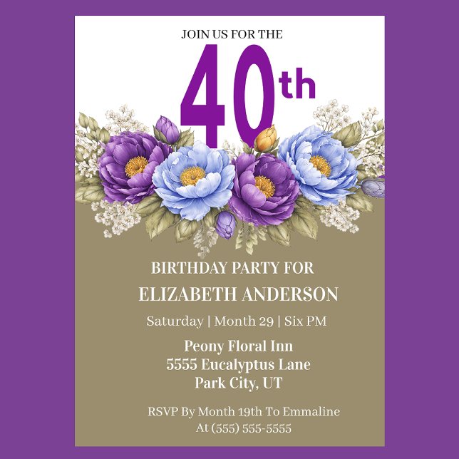 Invitation Pretty Blue and Purple Peony 40th Birthday (Elegant 40th birthday invitation with purple and blue peony flowers)
