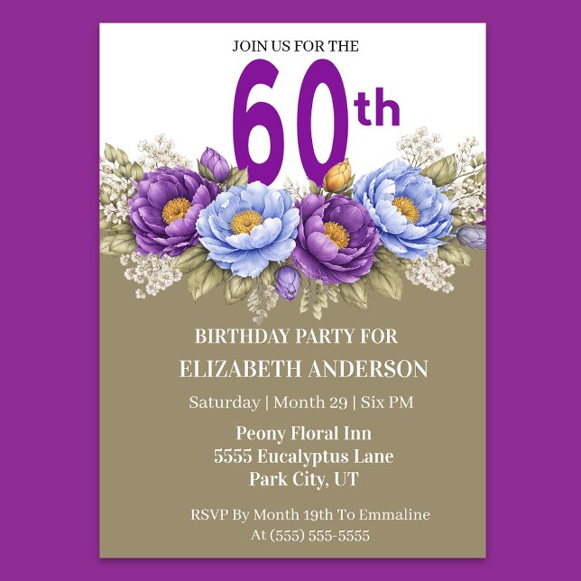 Invitation Pretty Blue and Purple Peony 60th Birthday (Elegant 60th birthday invitation with blue and purple peony flowers)