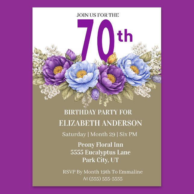 Invitation Pretty Blue and Purple Peony 70th Birthday (Elegant 70th birthday invitation with purple and blue peony flowers)