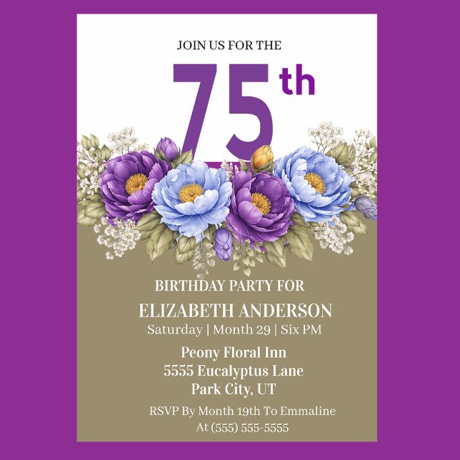 Invitation Pretty Blue and Purple Peony 75th Birthday (Elegant 75th birthday invitation with blue and purple peony flowers)