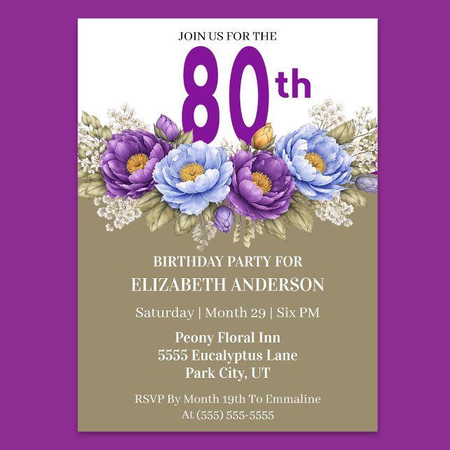 Invitation Pretty Blue and Purple Peony 80th Birthday (Elegant 80th birthday invitation with purple and blue peony flowers)