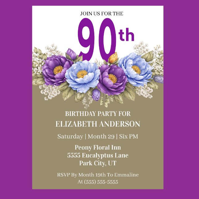 Invitation Pretty Blue and Purple Peony 90th Birthday (Elegant blue and purple peony floral 90th birthday invitation)