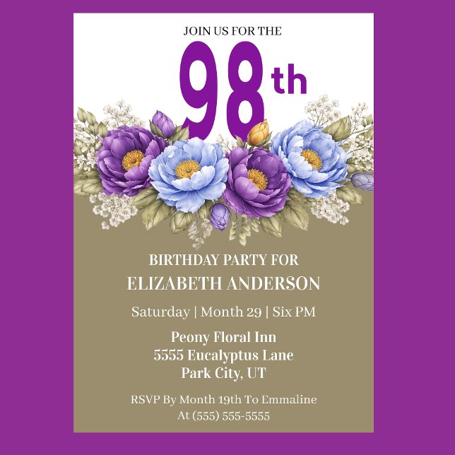 Invitation Pretty Blue and Purple Peony 98th Birthday (Elegant blue and purple peony floral 98th birthday invitation)
