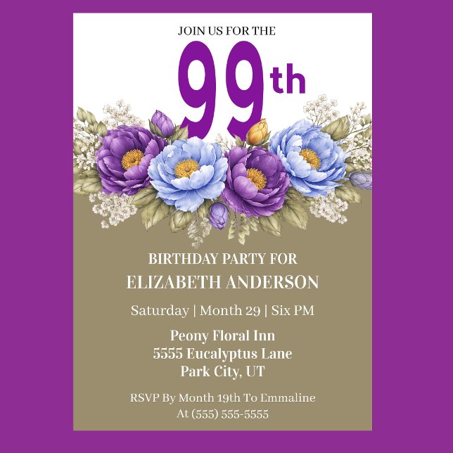 Invitation Pretty Blue and Purple Peony 99th Birthday (Elegant blue and purple peony floral 99th birthday invitation)