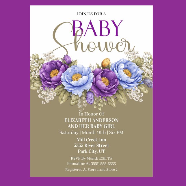 Invitation Pretty Blue and Purple Peony Girl Baby Shower (Elegant blue and purple peony floral baby shower invitation)