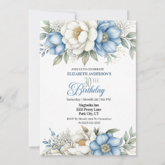 Invitation Pretty Blue Magnolia and Peony 30th Birthday