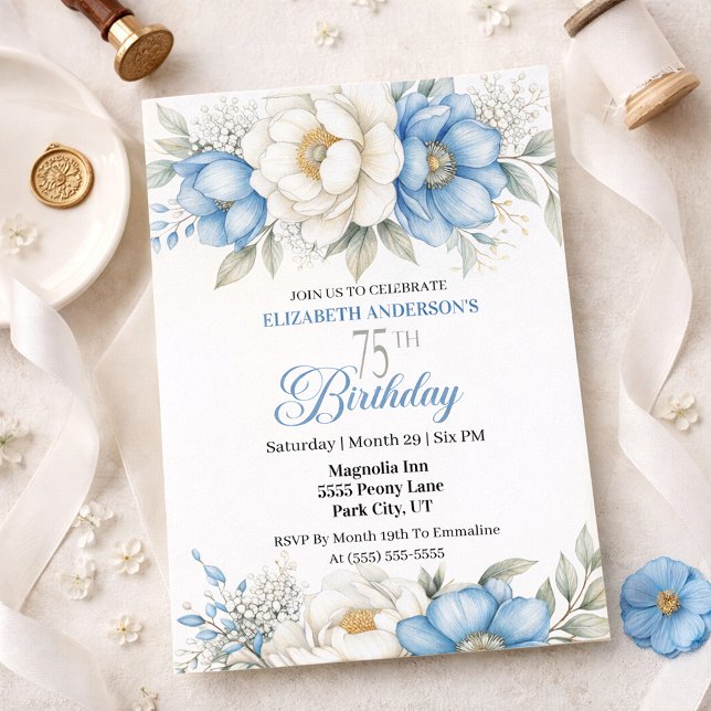 Invitation Pretty Blue Magnolia and Peony 75th Birthday (Créateur téléchargé)