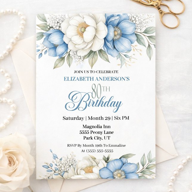 Invitation Pretty Blue Magnolia and Peony 80th Birthday (Créateur téléchargé)