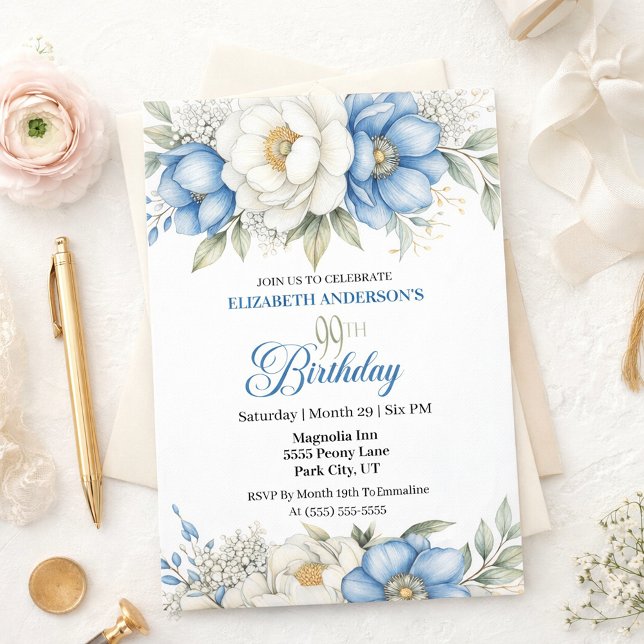 Invitation Pretty Blue Magnolia and Peony 99th Birthday (Créateur téléchargé)