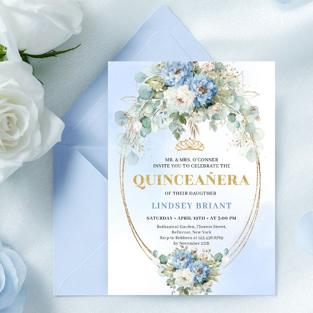 Invitation Pretty Blue Peony Gold Floral Quinceañera Invite (Pretty Blue Peony Gold Floral Quinceañera Invite)