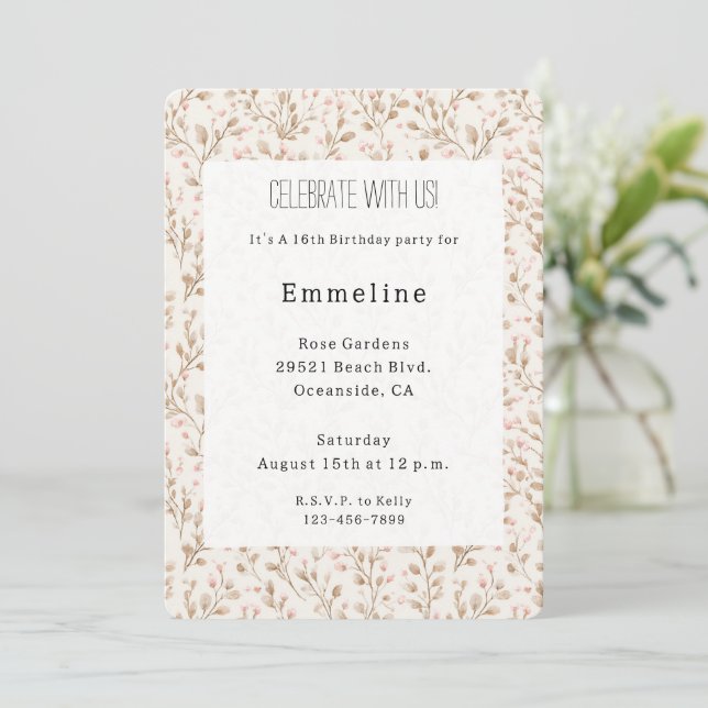 Invitation Pretty Blush Pink Cream Floral Birthday (Debout devant)