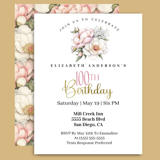 Invitation Pretty Blush Pink Peony Floral 100th Birthday (Créateur téléchargé)
