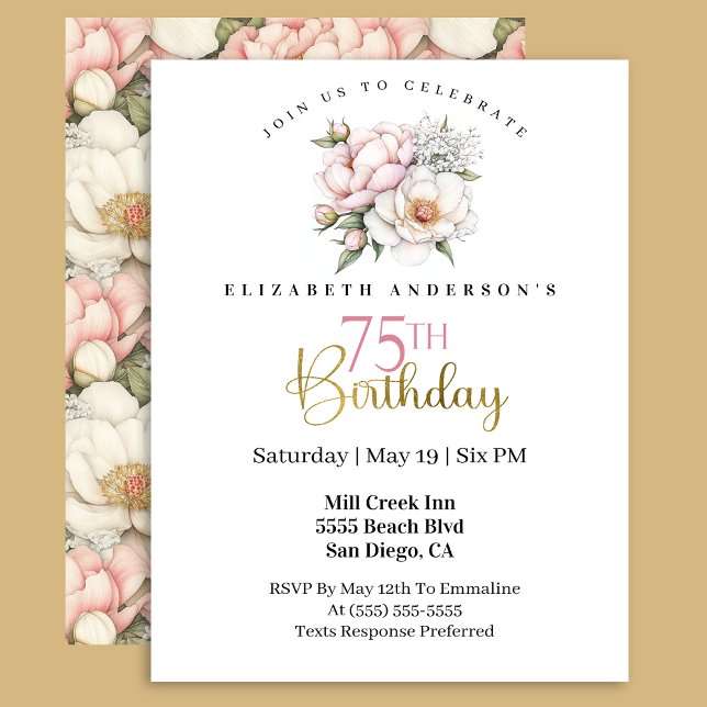 Invitation Pretty Blush Pink Peony Floral 75th Birthday (Créateur téléchargé)