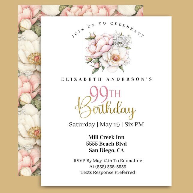 Invitation Pretty Blush Pink Peony Floral 99th Birthday (Créateur téléchargé)