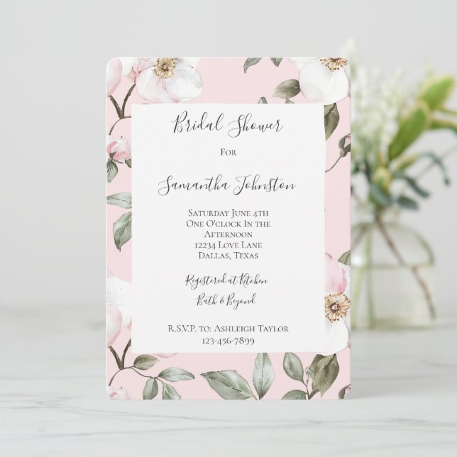 Invitation Pretty Blush Pink White Flowers Bridal Shower (Debout devant)