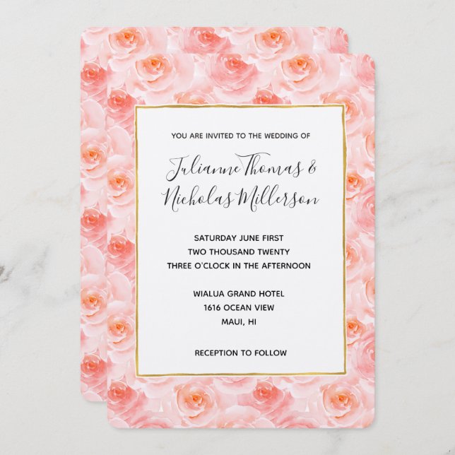 Invitation Pretty Blush Rose Aquarelle Roses mariage invite (Devant / Derrière)