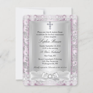 Invitation Pretty Bow Cross Première communion rose 3