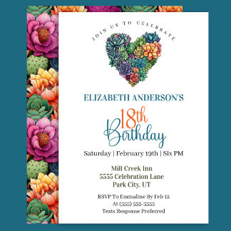 Invitation Pretty Cactus Heart 18th Birthday