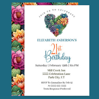 Invitation Pretty Cactus Heart 21st Birthday