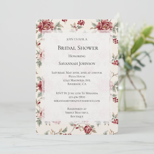 Invitation Pretty Chic Red Cream Floral Bridal Shower (Debout devant)