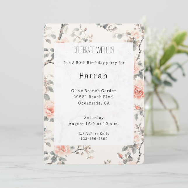 Invitation Pretty Cream Peach Floral Birthday   (Debout devant)