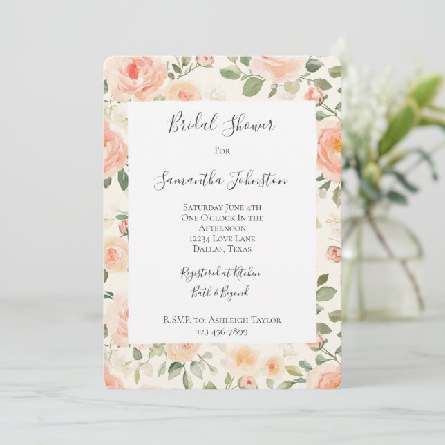 Invitation Pretty Cream Peach Floral Bridal Shower (Debout devant)