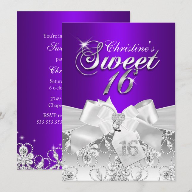 Invitation Pretty Diamond Bow Purple pour une fête (Devant / Derrière)