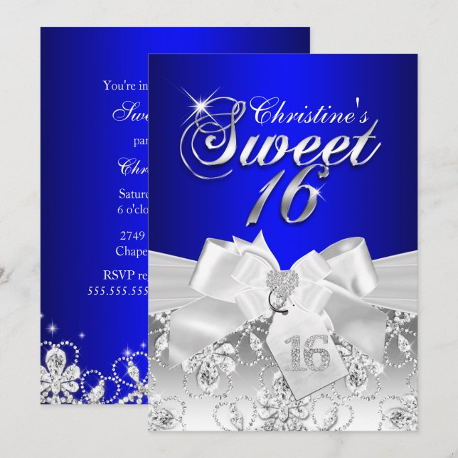 Invitation Pretty Diamond Bow Royal Blue Sweet 16 (Devant / Derrière)