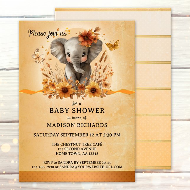 Invitation Pretty Elephant Terra Cotta Fall Baby Shower (Gender neutral baby shower invitation featuring a pretty watercolor elephant on terra cotta )