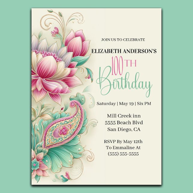 Invitation Pretty Fancy Paisley Flower 100th Birthday (Créateur téléchargé)