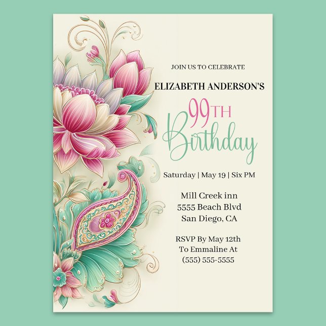 Invitation Pretty Fancy Paisley Flower 99th Birthday (Créateur téléchargé)