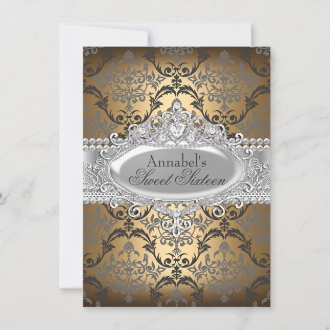 Invitation Pretty Gold & Silver Damask pour un Swe (Devant)