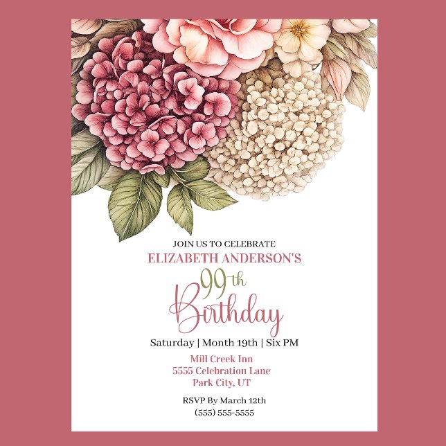 Invitation Pretty Hydrangea Rose 99th Birthday (Pretty Hydrangea and Rose 99th Birthday invitation For Women.)