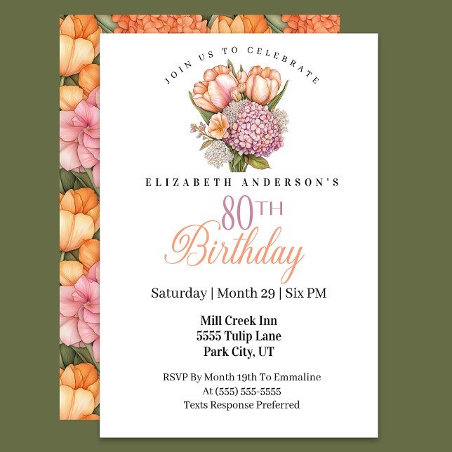 Invitation Pretty Pink and Orange Tulip 80th Birthday (Créateur téléchargé)