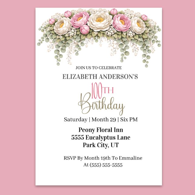 Invitation Pretty Pink and White Peony 100th Birthday (Elegant pink and white peony floral 100th birthday invitation)