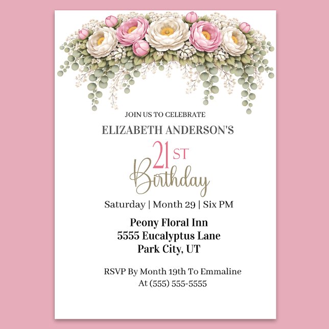 Invitation Pretty Pink and White Peony 21st Birthday (Elegant pink peony and eucalyptus floral 21st birthday invitation)