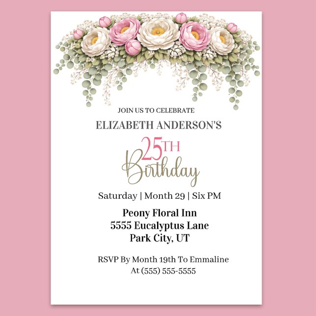 Invitation Pretty Pink and White Peony 25th Birthday (Elegant pink peony and eucalyptus floral 25th birthday party invitation)