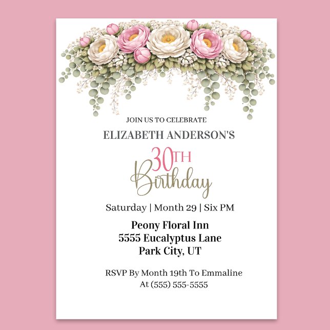 Invitation Pretty Pink and White Peony 30th Birthday (Elegant pink peony floral 30th birthday invitation)
