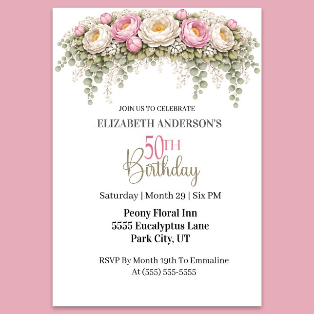 Invitation Pretty Pink and White Peony 50th Birthday (Elegant pink and ivory peony floral 50th birthday party invitation )