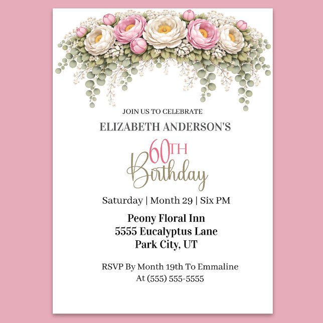 Invitation Pretty Pink and White Peony 60th Birthday (Elegant pink peony and eucalyptus floral 60th birthday invitation)
